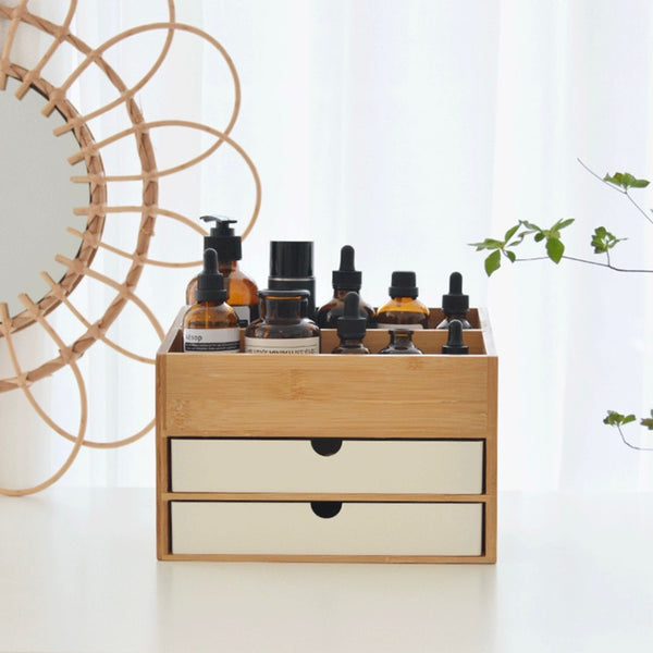 "Combining the best of both worlds" bamboo storage case with drawers