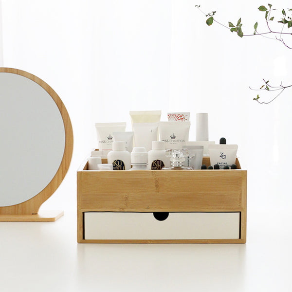 "Combining the best of both worlds" bamboo storage case with drawers