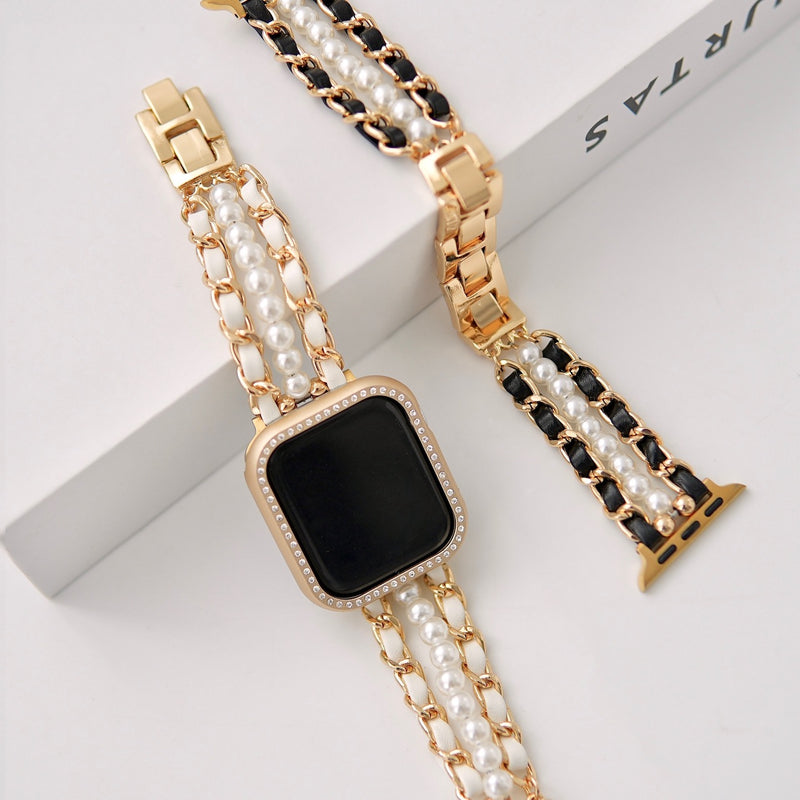 "Pearl and Tracks" Apple Watch Band with Freshwater Pearl 