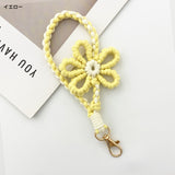 Heart-fluttering, hand-knitted flowers. Macaron-colored floral motif smartphone strap | Adorably chic rose gold shimmer [6 colors total]