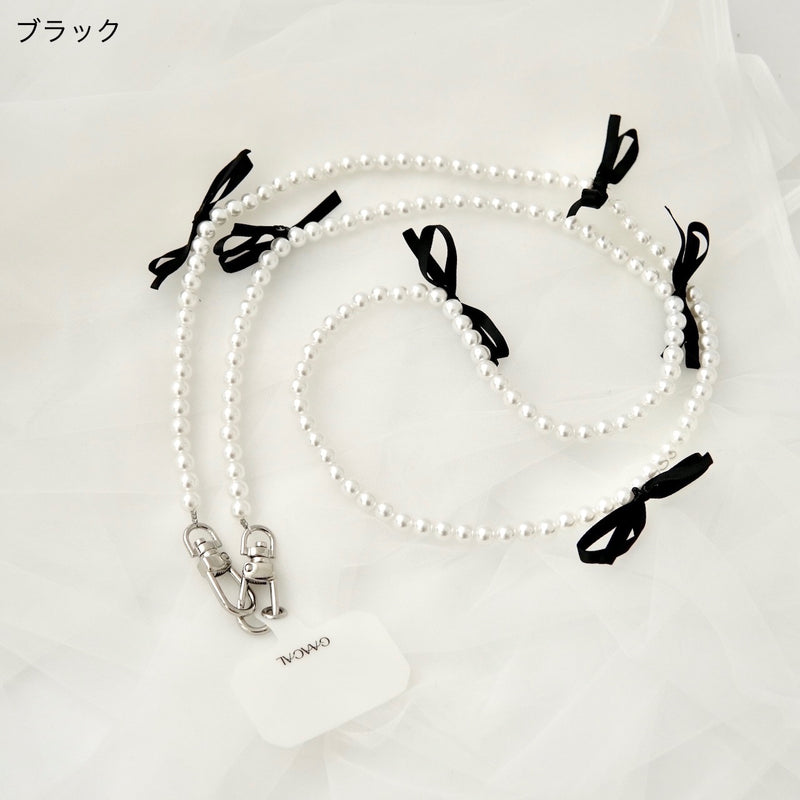 "Point Ribbon" freshwater pearl smartphone shoulder strap with ribbon
