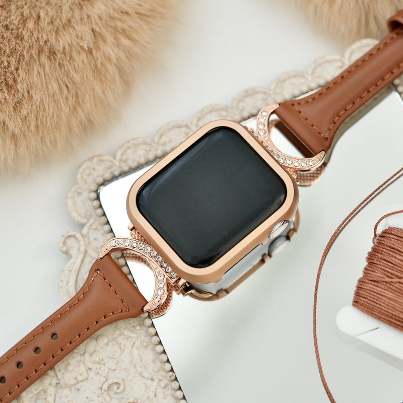 "Intertwining Sparkle" Genuine Leather Apple Watch Band with Stones 