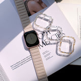 "A cool, summery glow for your hand." Translucent handmade frame with shimmering gold leaf. My own Apple Watch, a tone brighter, that shines in the summer sun.