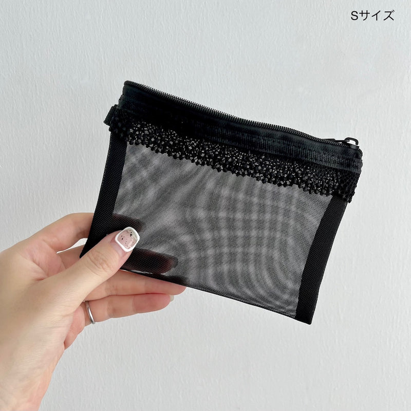 「フェミニンライン」レース付きメッシュポーチ 収納袋 - gaacal gaacal S gaacal 雑貨 「フェミニンライン」レース付きメッシュポーチ 収納袋