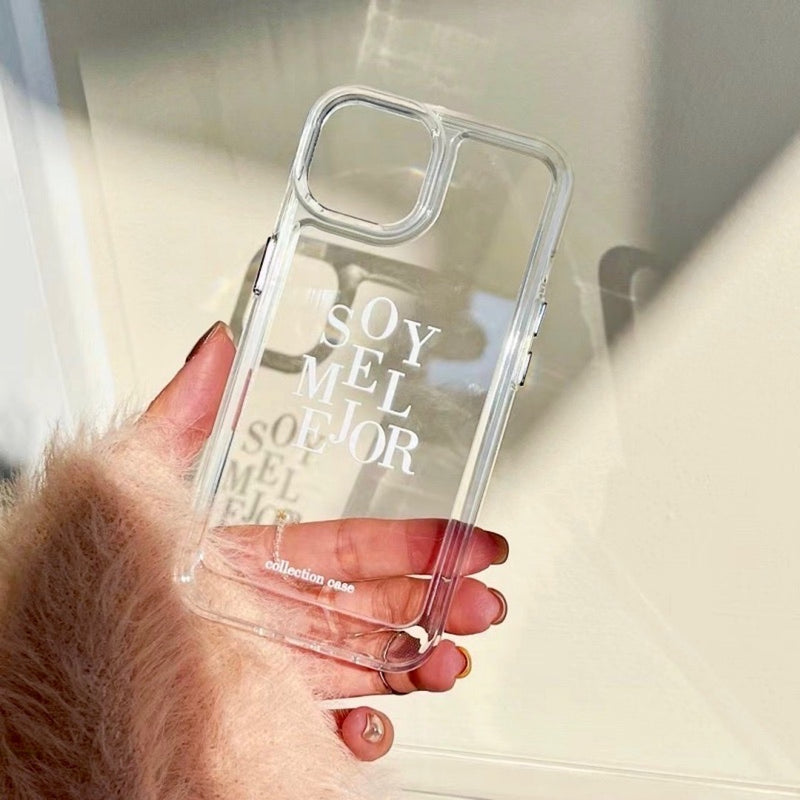 "What color should I layer it with?" Clear smartphone case with English letter pattern